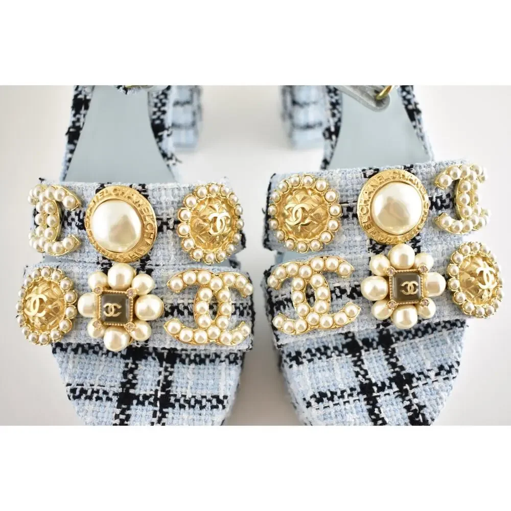 Chanel 25S Blue Black Tweed Pearl CC Logo Platform Strap Block Heel Sandal 40
